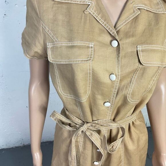 Cali Cali Tan Linen Vintage Button Front Belted Midi Safari Shirt Dress 8 - Picture 6 of 10